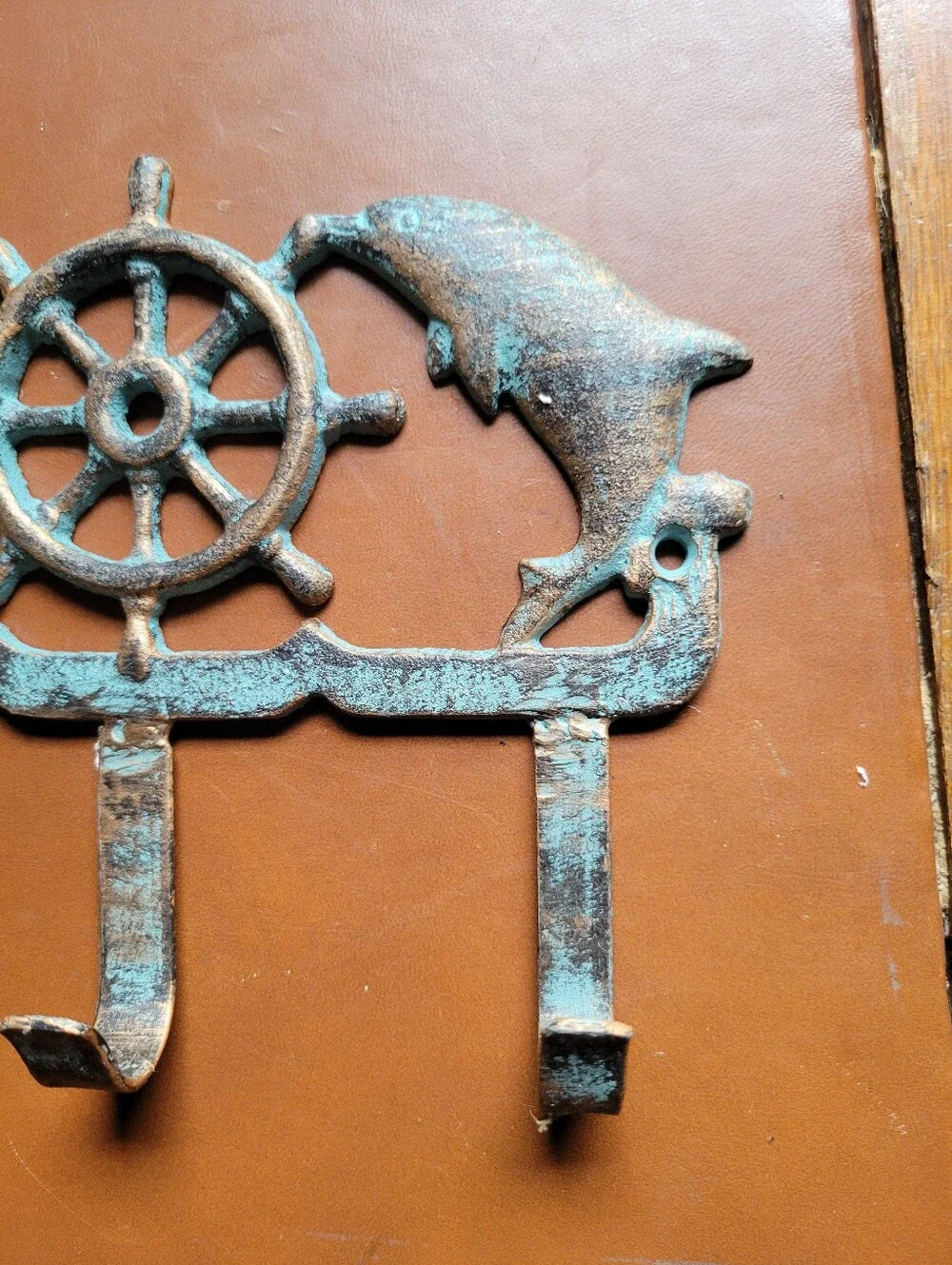 Cast Iron Nautical Dolphin and Ship's Wheel Key Hook Rack